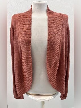 Pink Rose Open-Front Ribbed Shawl Collar Cardigan with Curved Hemline